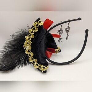 Pirate Fascinator Headband Hat Black Red And Skull Earrings Metal Dangle NWOT